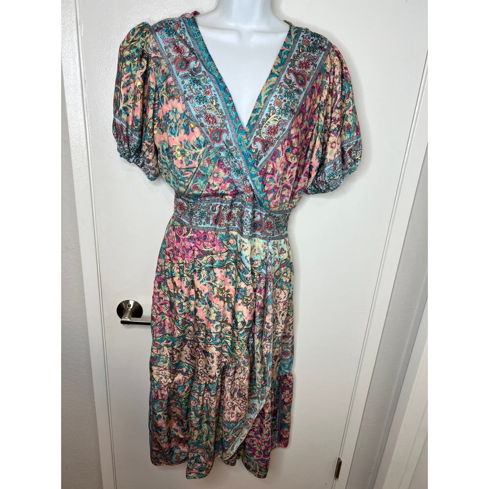 Lapogee Women's Smocked Waist Faux Wrap Dress Multicolor Floral Paisley ~ Size L